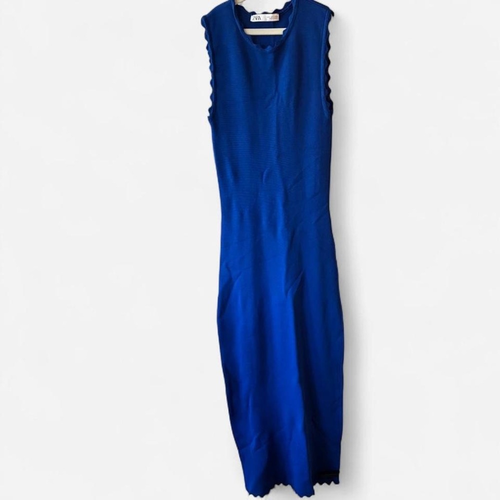Zara Ribbed Body-con Electric Blue Maxi Tank w/ scalloped hems Dress Sz S